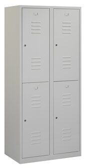 Lockerkast. 180 x 80 x 50 cm (HxBxD). 2 kolommen met 2 deurtjes per kolom en ventilatie sleuven.