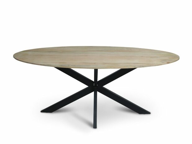 Ovale vergadertafel met duurzaam mangohouten werkblad en zwart gespoten matrix onderstel.