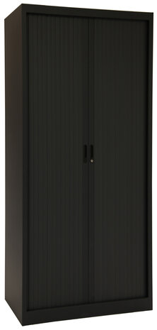 Zelfbouw hoge roldeurkast 195 x 100 x 45 cm met 4 legborden, slot met 2 sleutels en kunststof lamellen deuren.