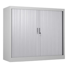 Zelfbouw lage roldeurkast 105 x 120 x 45 cm met 2 legborden, slot met 2 sleutels en kunststof lamellen deuren.