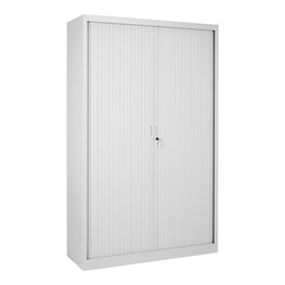 Zelfbouw hoge roldeurkast 195 x 120 x 45 cm met 4 legborden, slot met 2 sleutels en kunststof lamellen deuren.