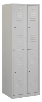Lockerkast. 180 x 60 x 50 cm (HxBxD). 2 kolommen met 2 deurtjes per kolom en ventilatie sleuven. Lockerkast. 180 x 60 x 50 cm (HxBxD). 2 kolommen met 2 deurtjes per kolom en ventilatie sleuven.