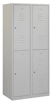 Lockerkast. 180 x 80 x 50 cm (HxBxD). 2 kolommen met 2 deurtjes per kolom en ventilatie sleuven. Lockerkast. 180 x 80 x 50 cm (HxBxD). 2 kolommen met 2 deurtjes per kolom en ventilatie sleuven.