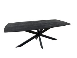 Tonvormige vergadertafel met duurzaam mangohouten werkblad en zwart gespoten matrix onderstel.