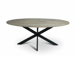 Ovale vergadertafel met duurzaam mangohouten werkblad en zwart gespoten matrix onderstel.